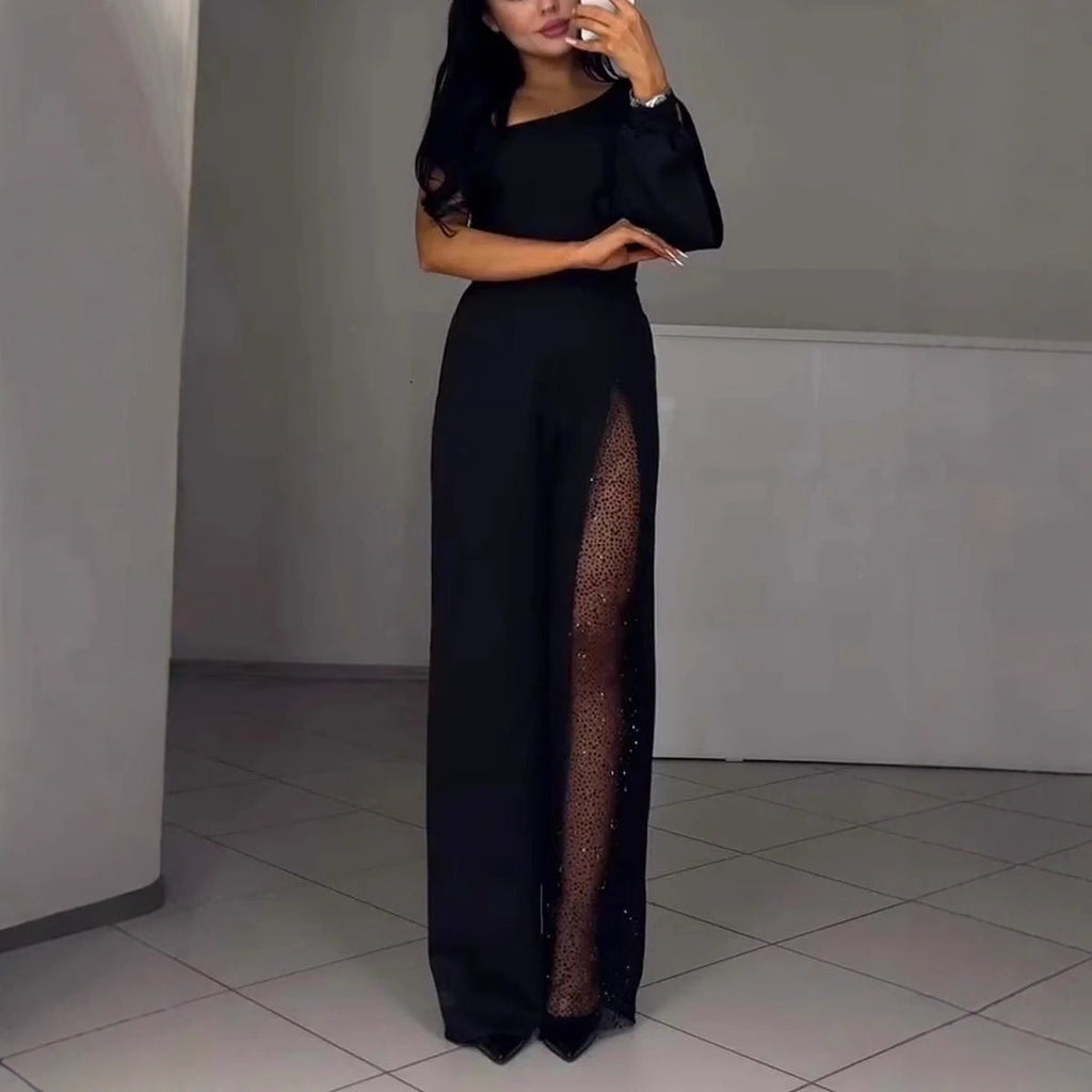 Damen Eleganter Jumpsuit mit transparenten Einsätzen und Pailletten