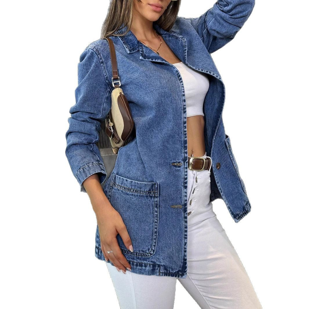 Damen Longline-Denimjacke mit lässigem Oversize-Schnitt und aufgesetzten Taschen Shop Nory