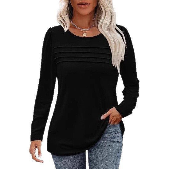 Damen Feines Langarmshirt mit Rundhalsausschnitt, dekorativen Kellerfalten und leicht taillierter A‑Linie Shop Nory