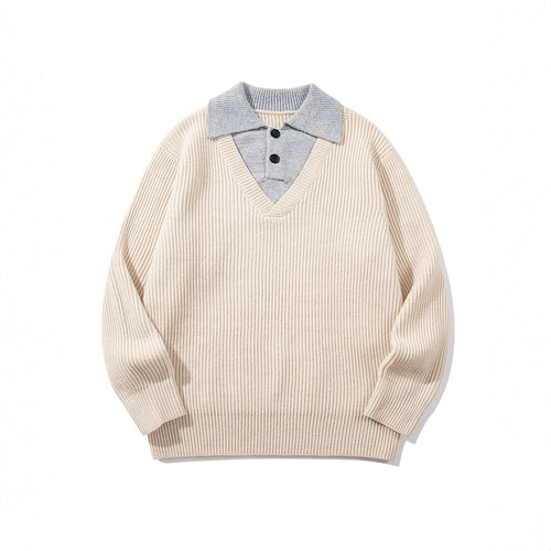 Herren Gerippter Strickpullover mit Polokragen‑Einsatz und tiefem V‑Ausschnitt Shop Nory