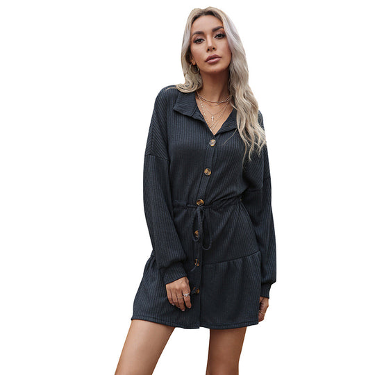 Damen strukturiertes geripptes Hemdkleid mit Taillenzug und Stufenrock Shop Nory