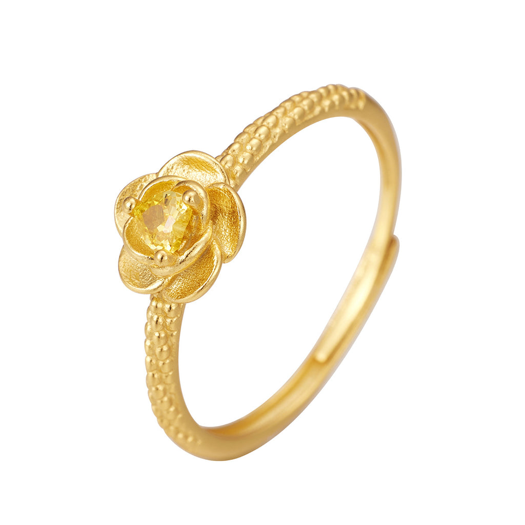 Damen Ring mit blütenförmigem Schmuckdesign und funkelndem gelbem Edelstein Shop Nory