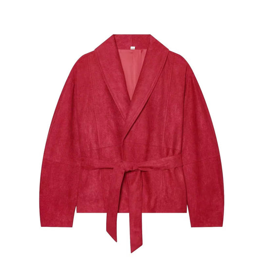 Damen Kurzjacke im Kimono‑Stil aus Veloursoptik mit Schalkragen und Bindegürtel Shop Nory