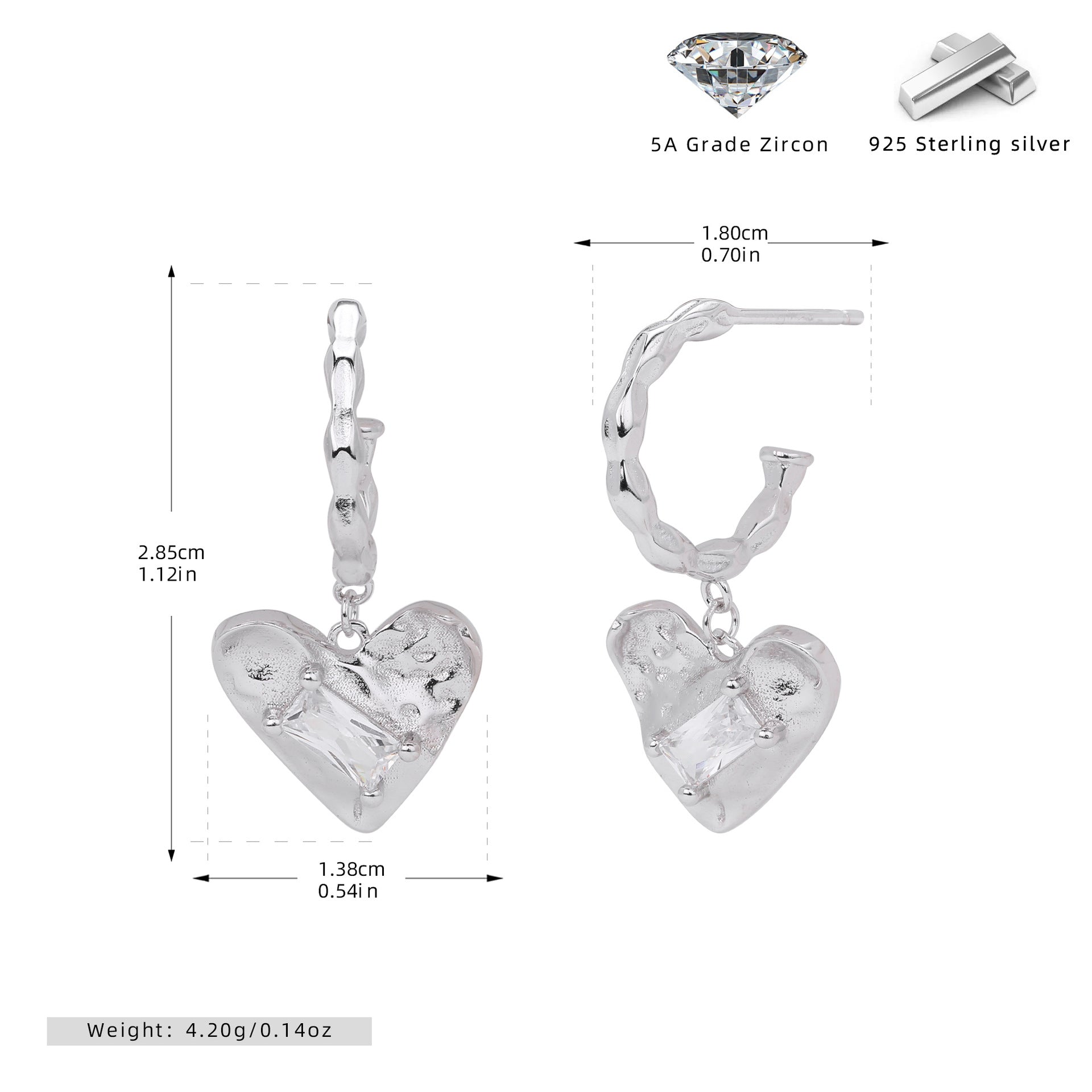 Damen Ohrhänger mit herzförmigem Zirkon-Anhänger aus hochwertigem 925 Sterling Silber Shop Nory