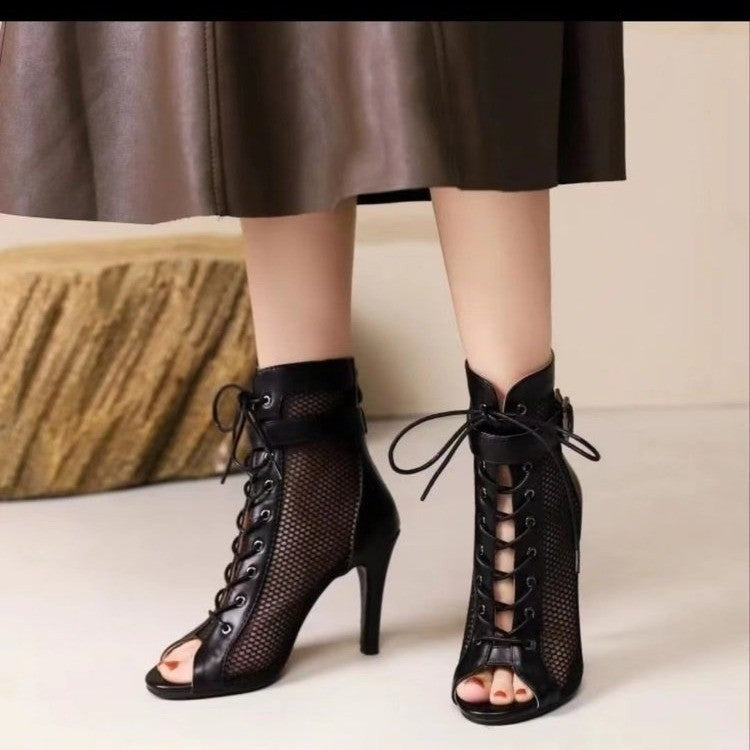 Damen Schnür-Stiletto-Sandalen mit Mesh-Einsatz und eleganter Schnallenverzierung Shopnory