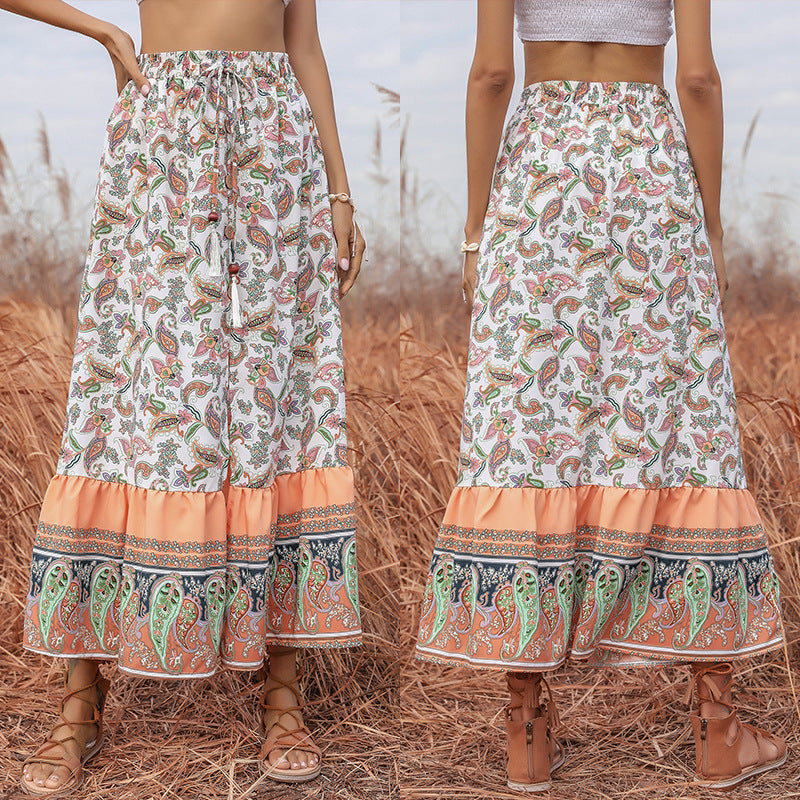 Damen Boho-Maxirock mit Paisley-Alloverprint, elastischem Taillenbund, Tunnelzug und Volantstufe Shop Nory