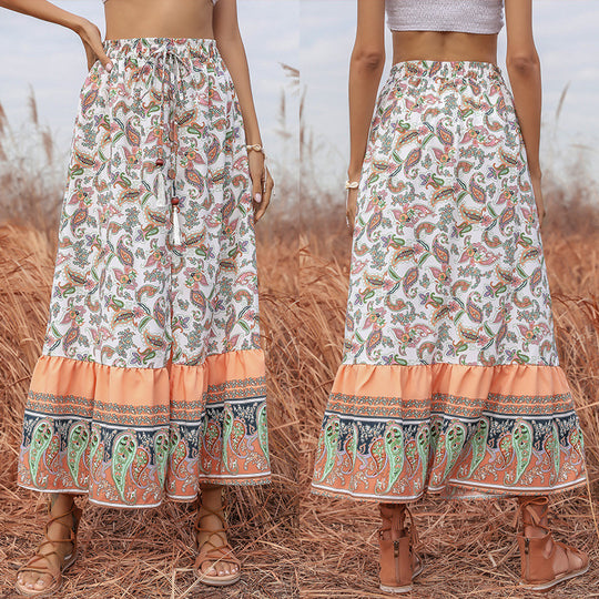 Damen Boho-Maxirock mit Paisley-Alloverprint, elastischem Taillenbund, Tunnelzug und Volantstufe Shop Nory