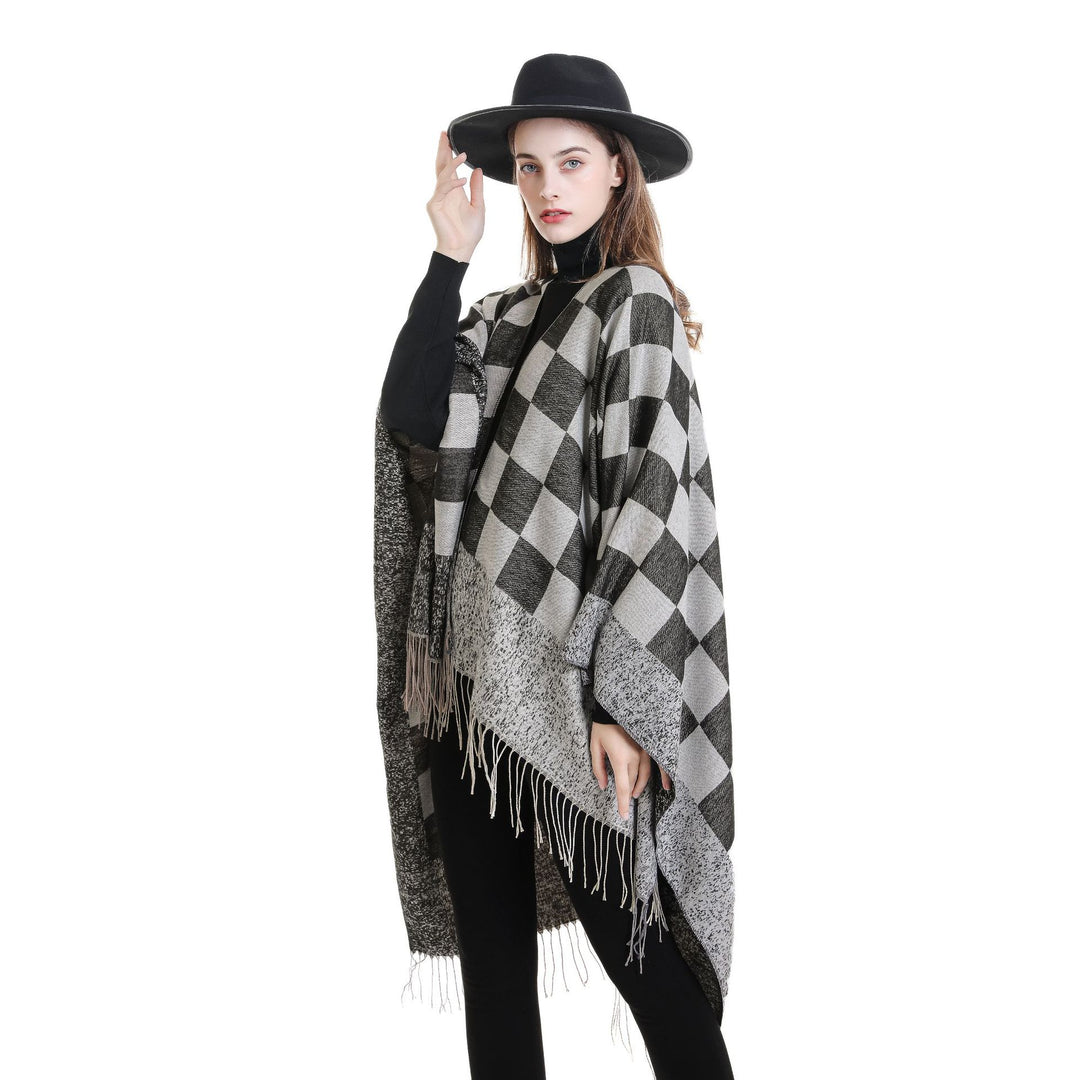 Damen Oversized gewebter Poncho mit Rautenmuster und Fransen Shop Nory