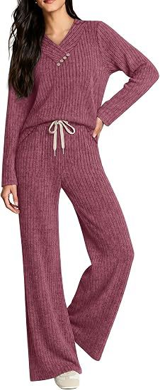 Damen Weiches Rippstrick-Lounge-Set mit V-Ausschnitt und Kordelbund Shop Nory