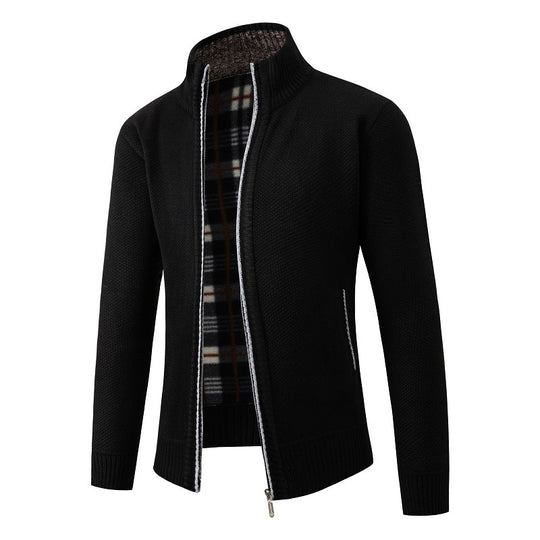 Herren Strukturiertes Zip-Strickjacke mit Karo‑Fleece‑Futter und Stehkragen Shop Nory