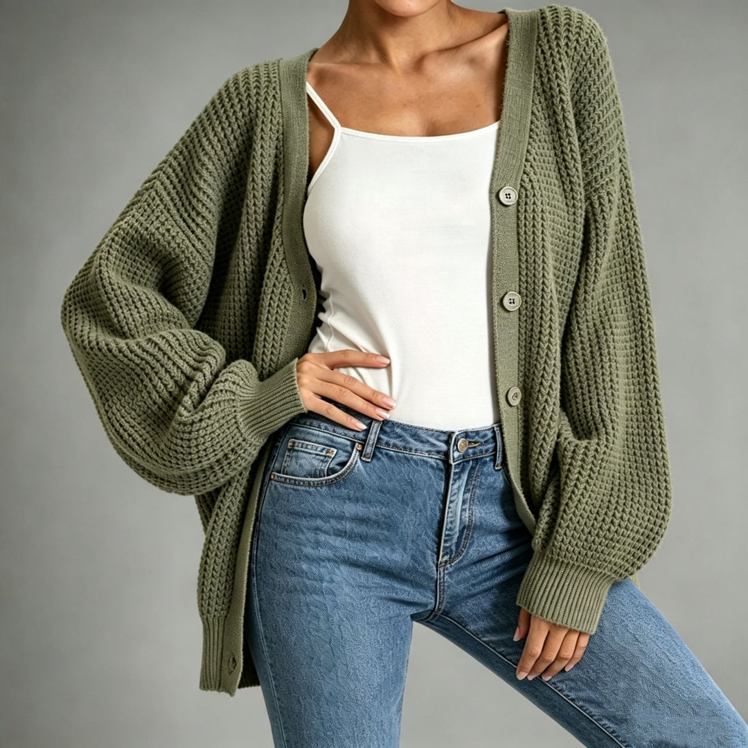 Damen Oversize Grobstrick-Cardigan mit Ballonärmeln und Knopfleiste Shop Nory