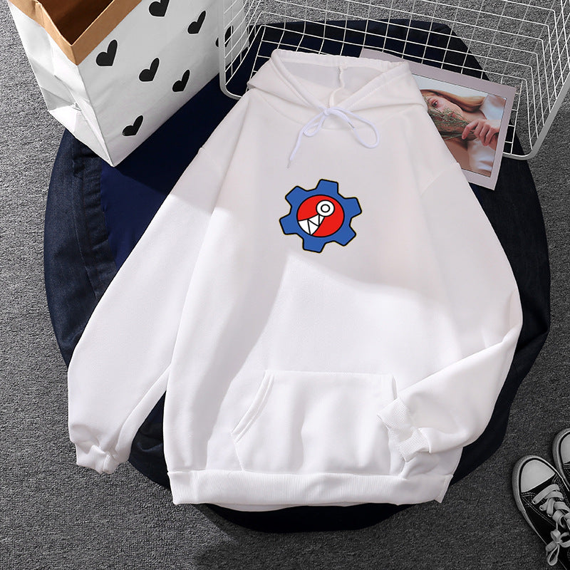 Damen nan oversized Fleece-Kapuzenpullover mit weicher Innenseite, Kängurutasche und appliziertem Zahnrad-Comic-Motiv Shop Nory