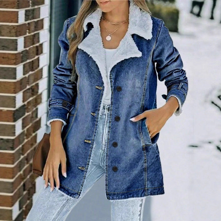 Damen Oversize-Denimjacke mit Teddyfutter, Knopfleiste und aufgesetzten Taschen Shop Nory