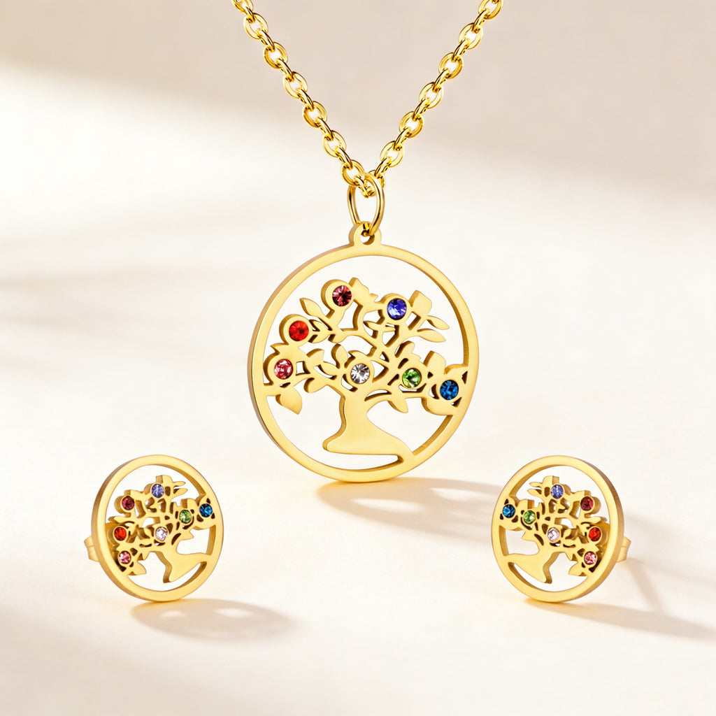 Damen Schmuckset mit Baum-Anhängern aus hochwertigem Edelstahl und goldplattiertem Design Shop Nory