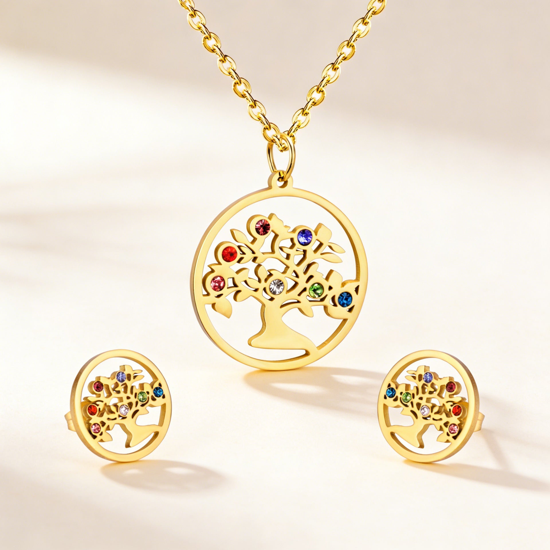 Damen Schmuckset mit Baum-Anhängern aus hochwertigem Edelstahl und goldplattiertem Design Shop Nory