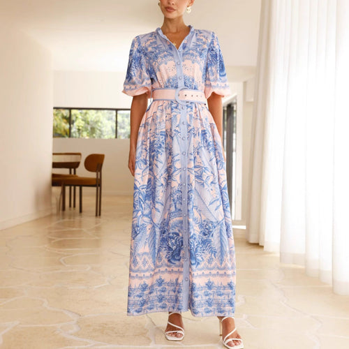 Damen Maxikleid mit floralem Knopfleisten-Design und tailliertem Gürtel