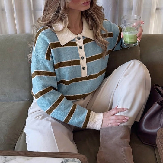 Damen Gestreifter Polo-Strickpullover mit Henley-Knopfleiste und überschnittener Schulter Shop Nory
