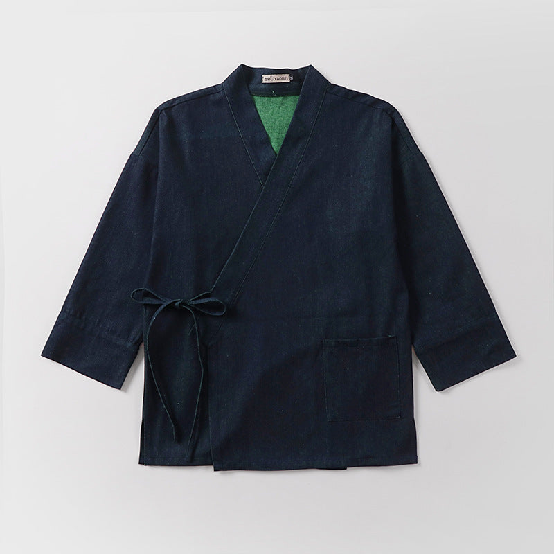 Unisex Leichte Wickel-Kimono-Jacke aus Leinen-Baumwollmix mit Kontrastbesatz und Bindegürtel Shop Nory
