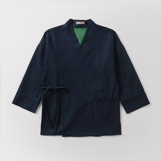 Unisex Leichte Wickel-Kimono-Jacke aus Leinen-Baumwollmix mit Kontrastbesatz und Bindegürtel Shop Nory
