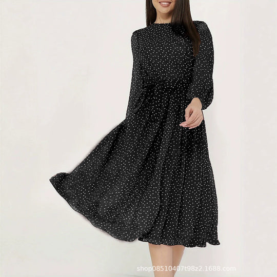 Damen Midikleid mit Punkten, taillierter Bindegürtel und Volantrock Shop Nory