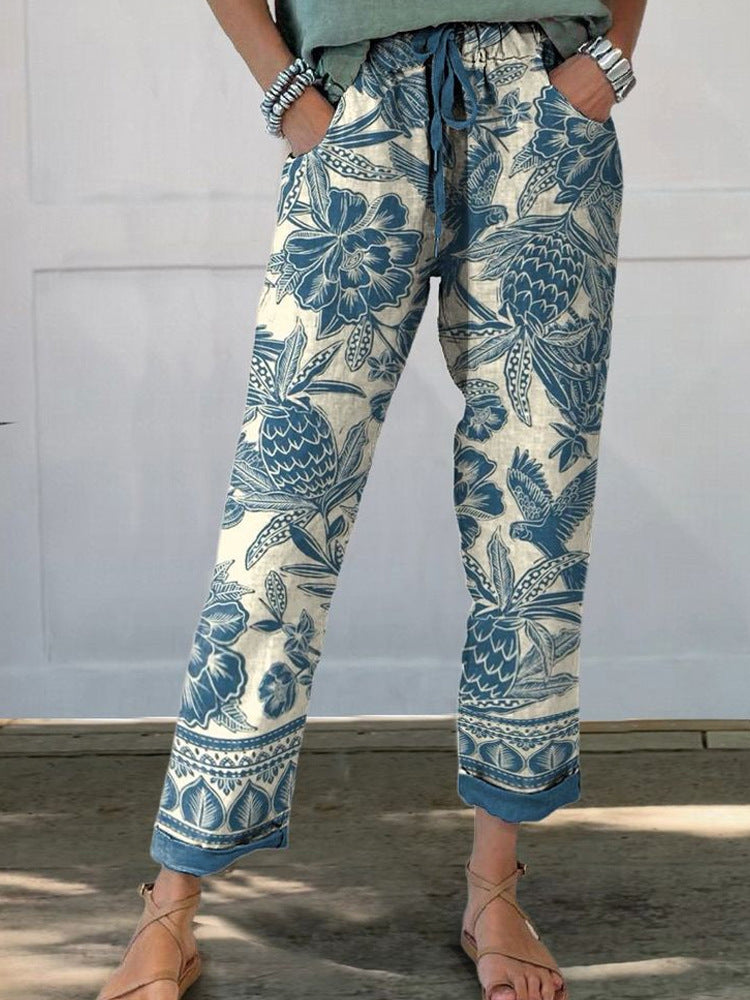Damen Leinenoptik-Hose mit floralem Print, weitem Bein und Tunnelzug Shop Nory