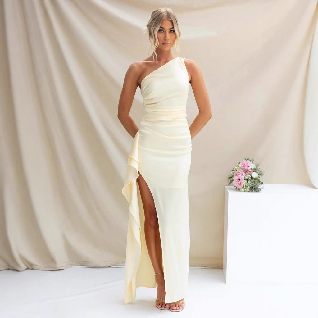 Damen One-Shoulder Maxikleid mit seitlichem Schlitz und elegantem Drapierungen