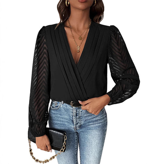 Damen Elegante Wickelbluse mit plissiertem V-Ausschnitt und transparenten Chevron-Ärmeln Shop Nory