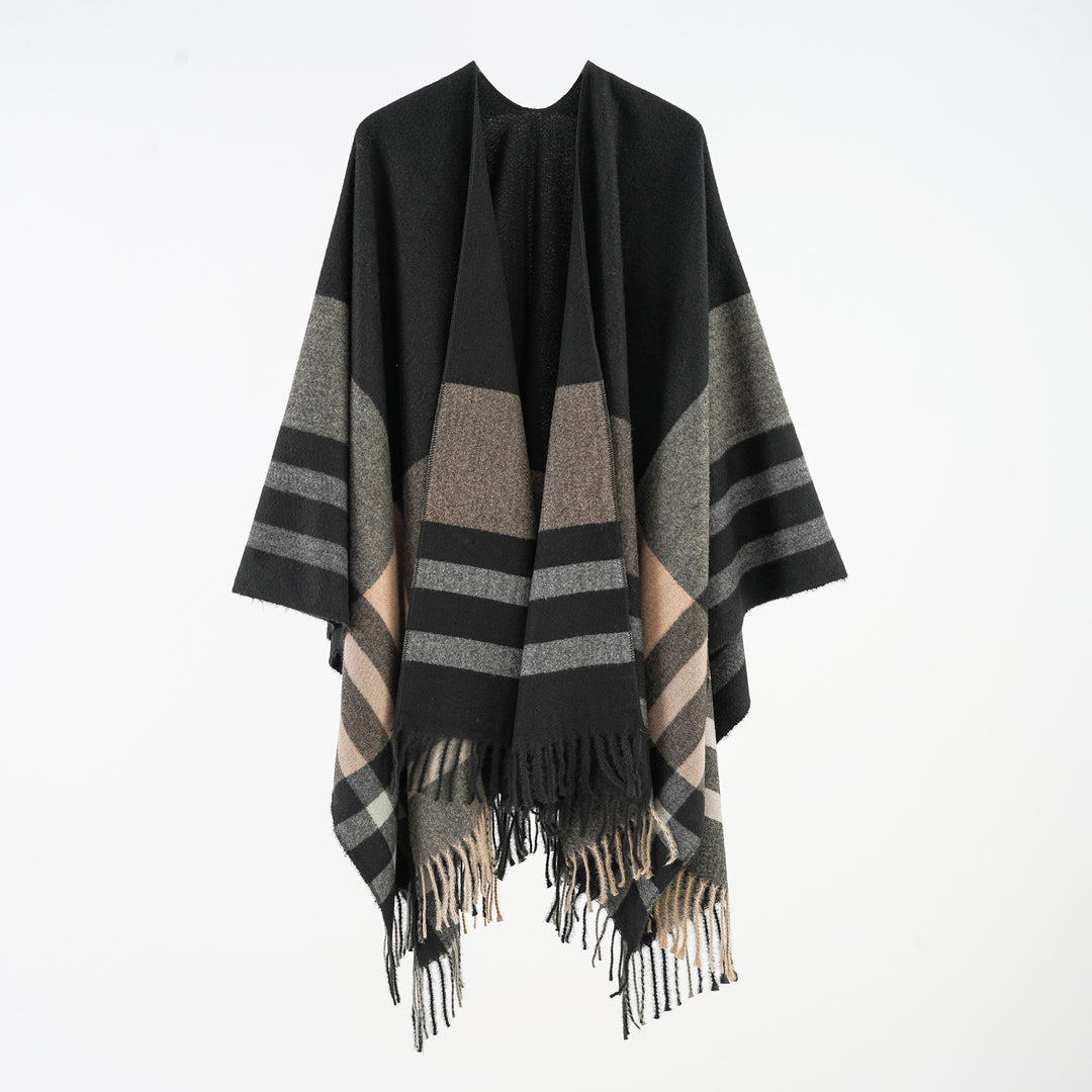 Damen Oversize-Überwurfponcho aus Wollmix mit grafischem Streifenmuster und Fransensaum Shop Nory