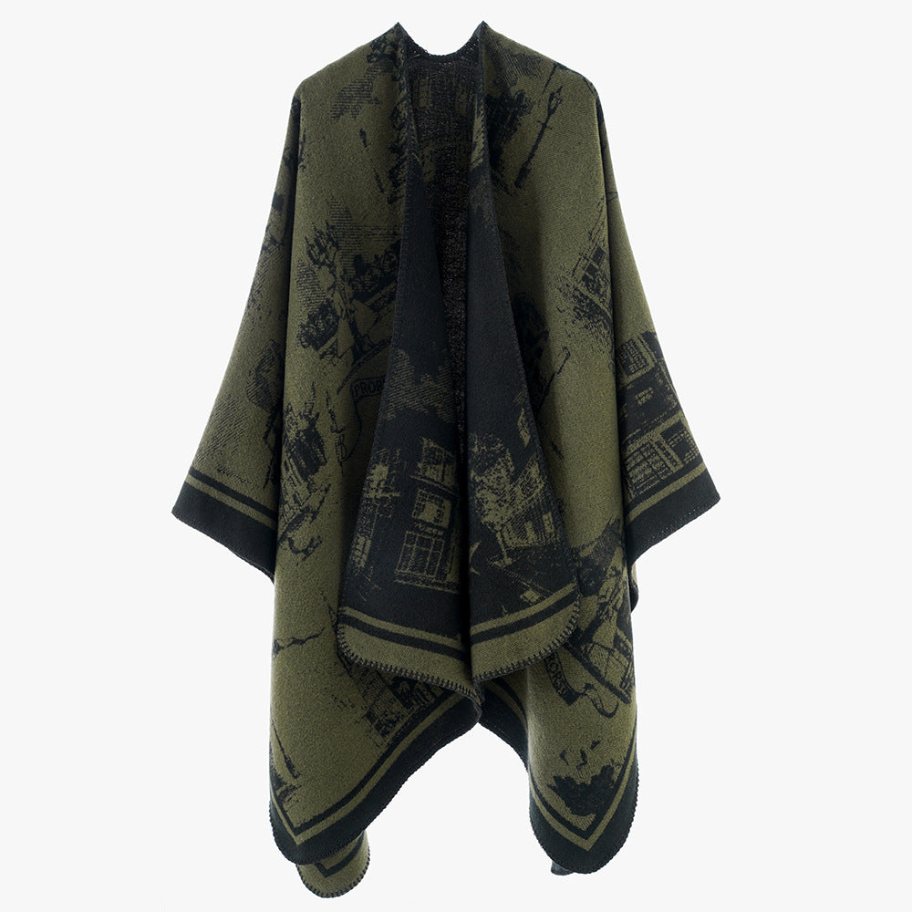 Damen Zweifarbiger Wolloptik-Überwurf mit Jacquard‑Stadtmotiv und offener Wasserfallfront Shop Nory