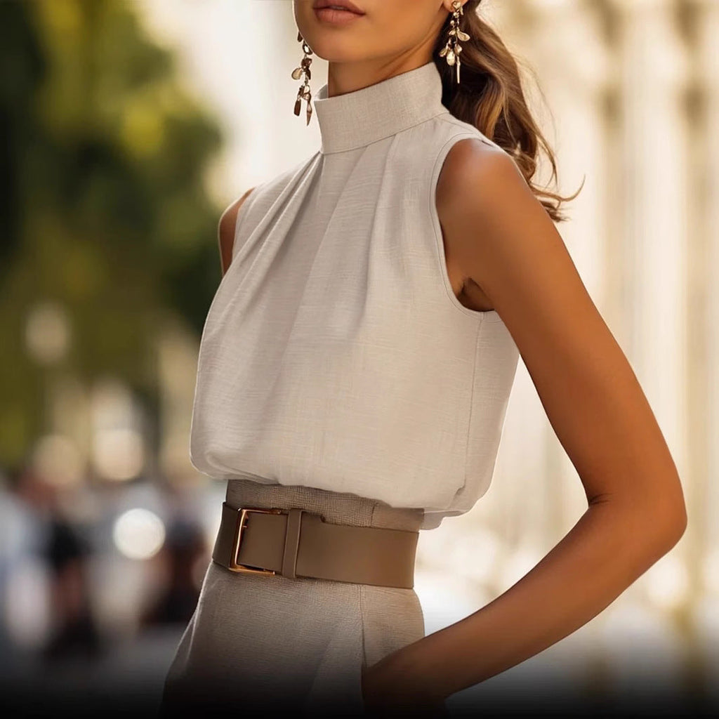 Damen Elegantes Blusenshirt mit Stehkragen und Faltenwurf