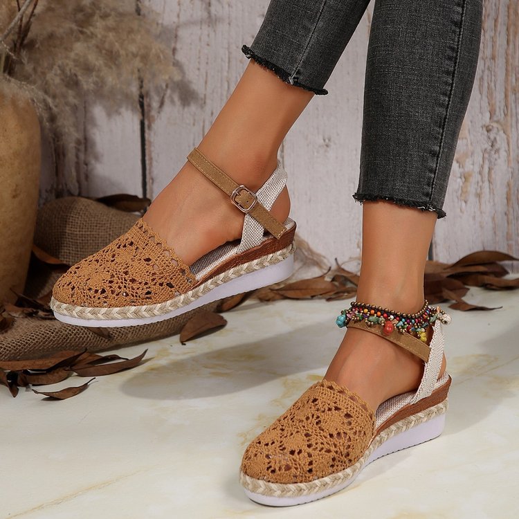 Damen Espadrille-Sandalen mit filigranem Häkel-Design und elastischem Knöchelriemen
