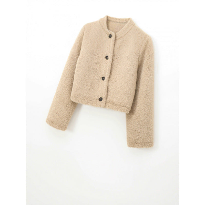 Damen Cropped Teddy‑Jacke mit geradem Saum, Rundhals und Hornknopfverschluss Shop Nory