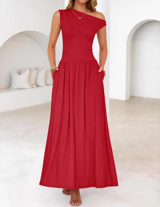 Damen Asymmetrisches Maxikleid mit One-Shoulder, Taillenbetonung und Seitentaschen Shop Nory