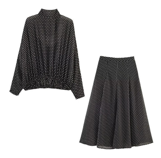 Damen Zweiteiliges Pünktchen-Set mit Stehkragenbluse und ausgestelltem Midirock Shop Nory