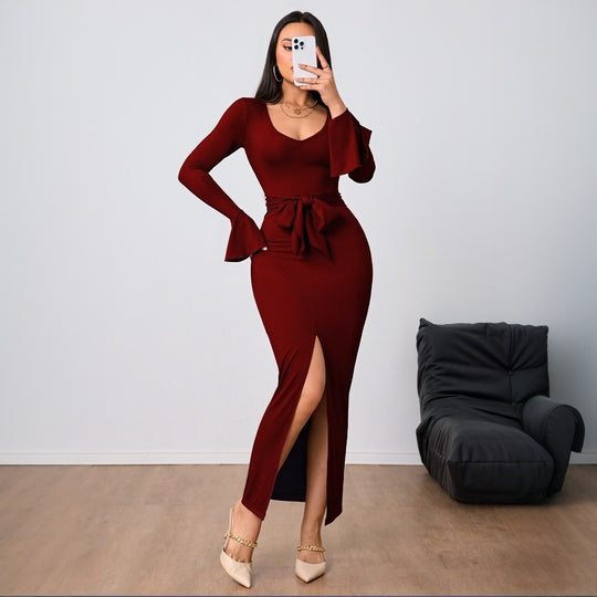 Damen figurbetontes Maxikleid mit V-Ausschnitt Trompetenärmeln Taillenband und hohem Seitenschlitz Shop Nory