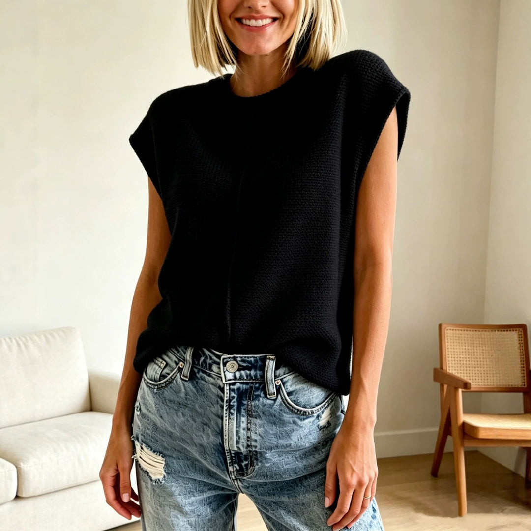 Damen Ärmellose Strickweste mit mittiger Naht und geripptem Kragen Shop Nory