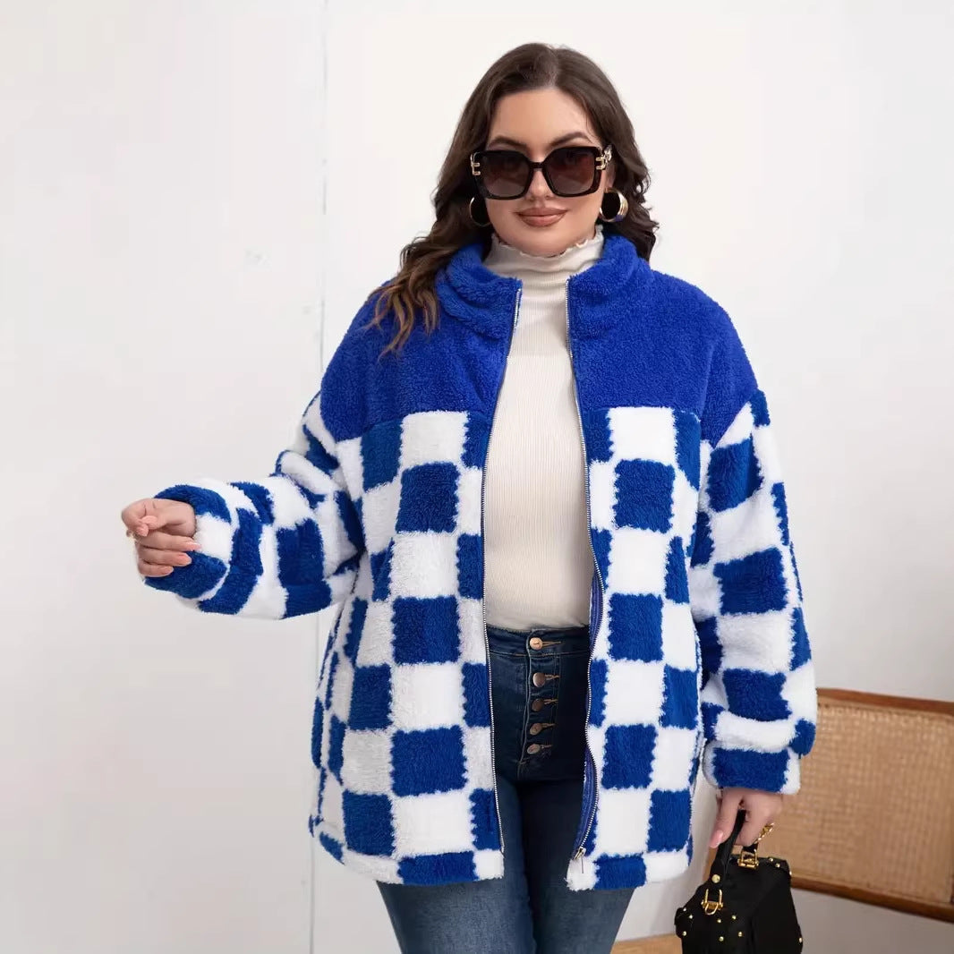 Damen Kariert‑Design Teddy‑Fleecejacke mit Stehkragen, Reißverschluss und Oversize‑Schnitt Shop Nory