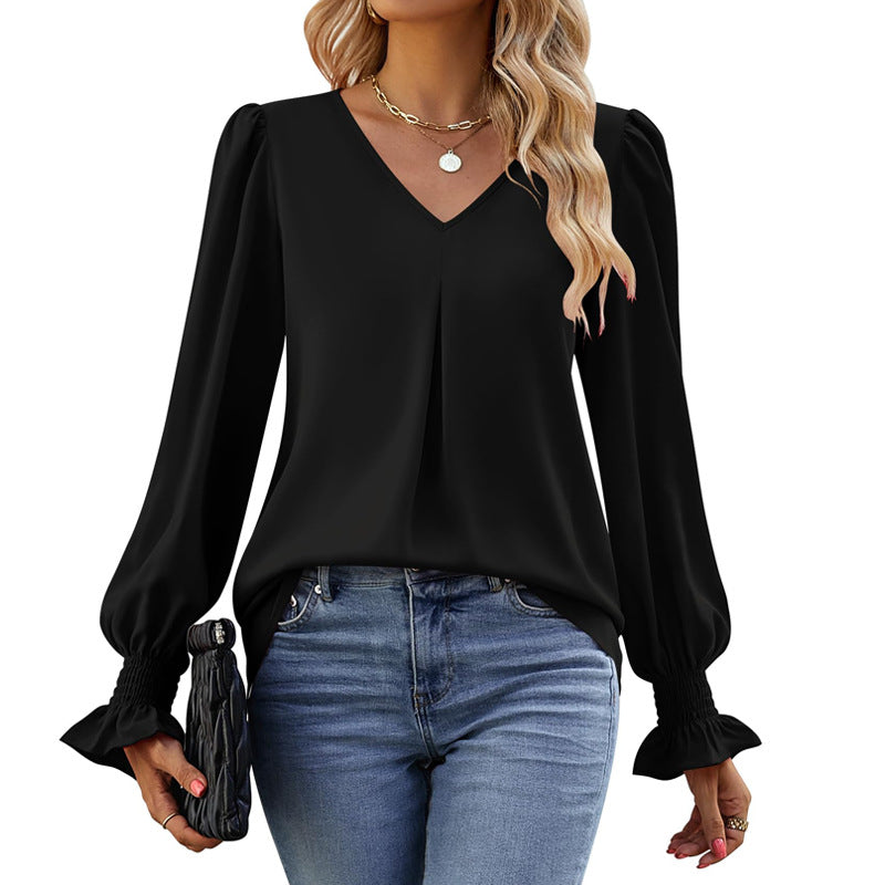 Damen V-Ausschnitt Bluse mit Kellerfalte und gerafften Manschetten Shop Nory