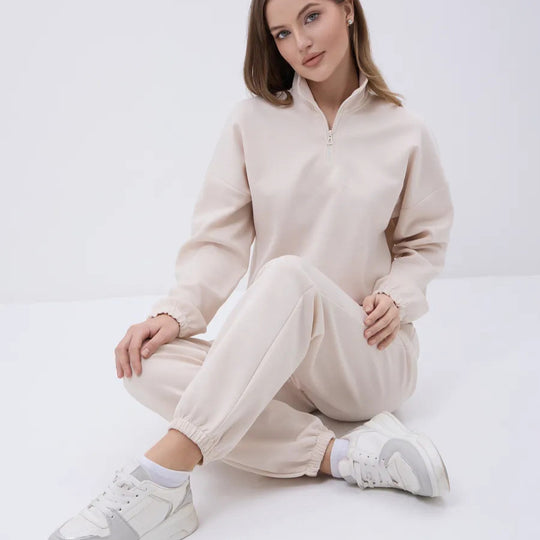 Damen weiches Lounge-Set mit halbem Reißverschluss, Kordelzughose und elastischen Bündchen Shop Nory