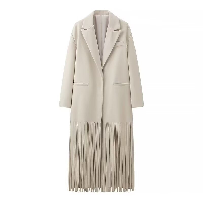 Damen Langmantel mit langem Fransen‑Saum, kastiger Oversize‑Silhouette und Reverskragen Shop Nory