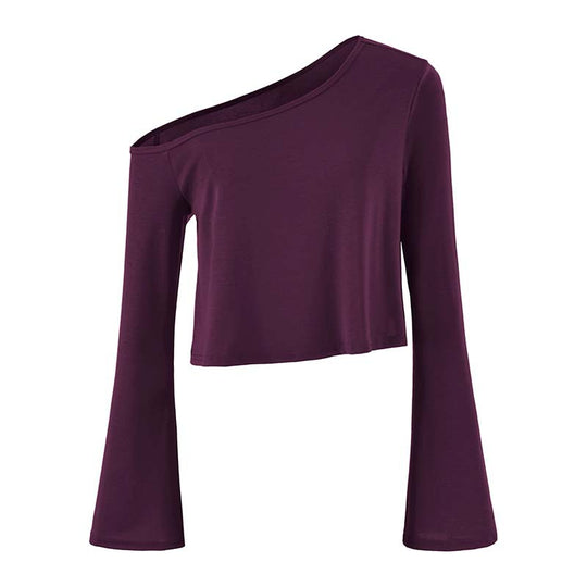 Damen Cropped Off-Shoulder Longsleeve mit ausgestellten Trompetenärmeln aus Jersey Shop Nory