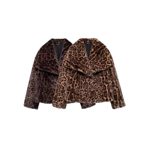 Damen kurze Boxy-Faux-Fur-Jacke mit Leopardenmuster und großem Schalkragen Shop Nory