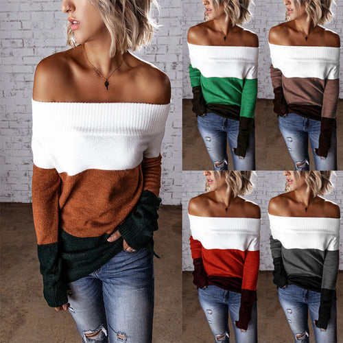 Damen Schulterfreier Colorblock-Strickpullover mit Umschlagkragen Shop Nory