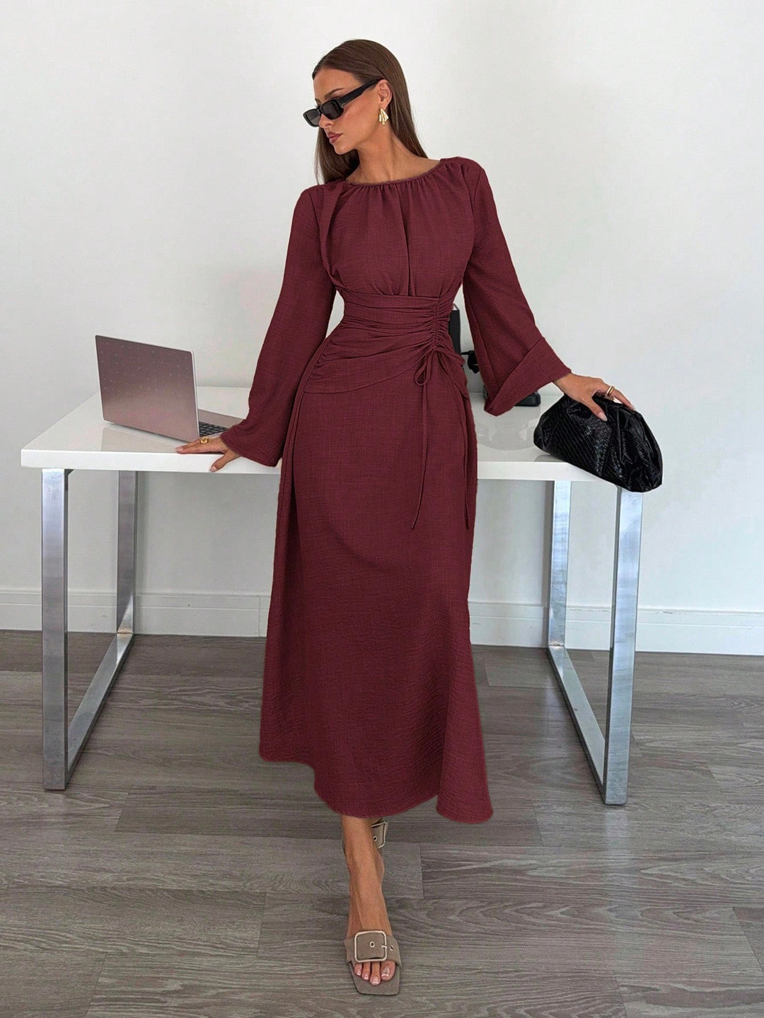 Damen Maxikleid mit geraffter Taillen-Schnürung, weiten Ärmeln und fließendem Rock Shop Nory