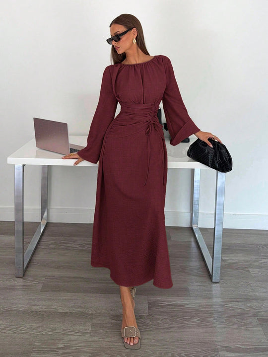 Damen Maxikleid mit geraffter Taillen-Schnürung, weiten Ärmeln und fließendem Rock Shop Nory