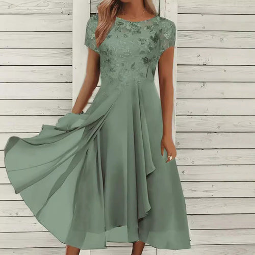 Damen nan fließendes Chiffon-Midikleid mit blumenbesticktem Oberteil und asymmetrischem Stufenrock
