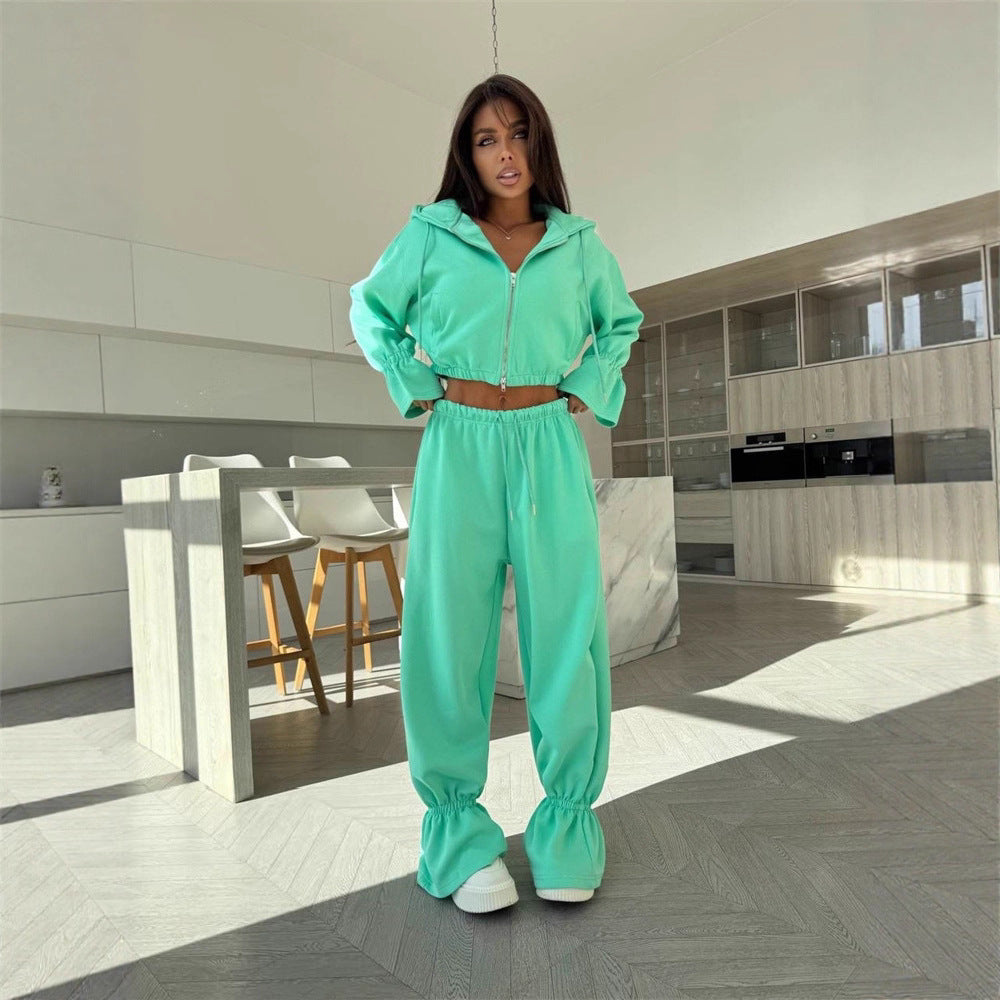 Damen Cropped-Kapuzenjacke mit Reißverschluss und taillierter Tunnelzug-Jogginghose Shop Nory