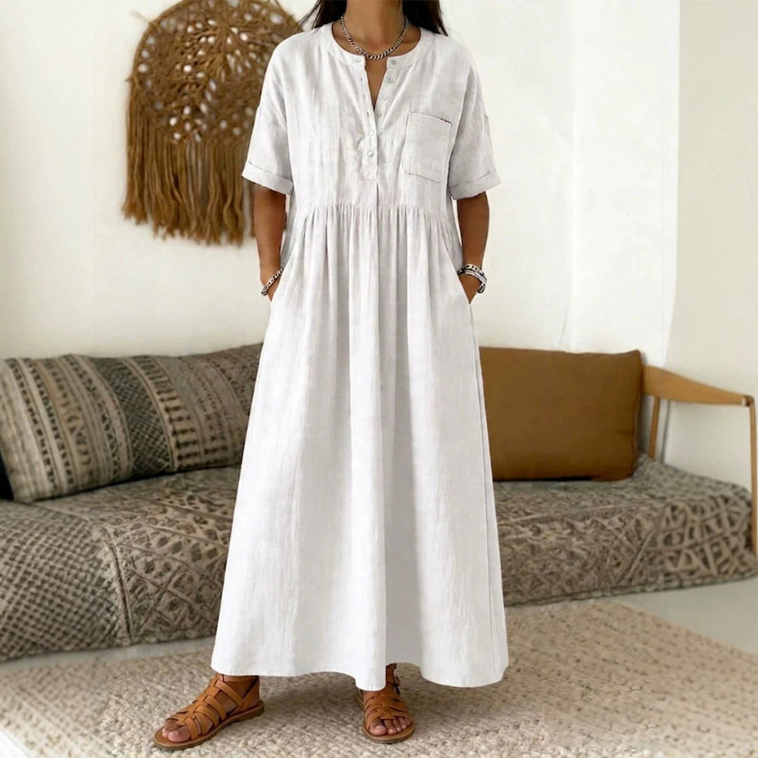 Damen Langes Boho‑Maxikleid mit Henley‑Knopfleiste, Brusttasche und seitlichen Eingrifftaschen Shop Nory