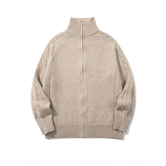 Unisex Boxy-Zip-Strickjacke mit Stehkragen, Zopfmusterärmeln und gerippten Abschlüssen Shop Nory