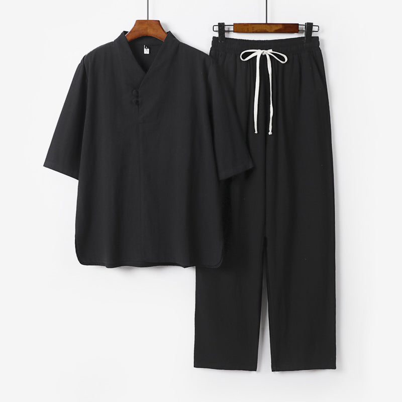 Herren Zweiteiliges Leichtes Loungewear-Set mit Stehkragen-Halbarmshirt und Kordelbund-Hose Shop Nory